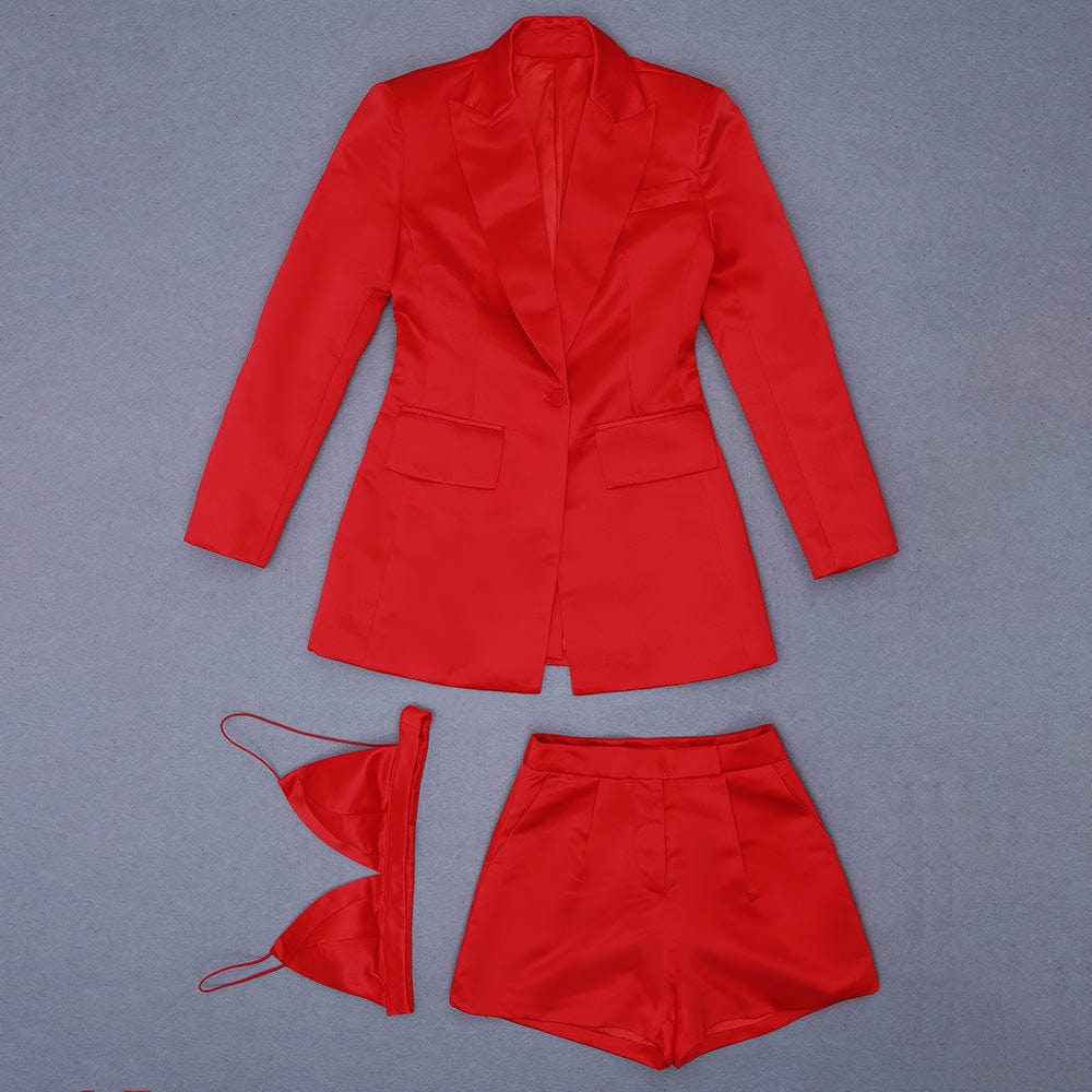 A4448 Christmas Wholesale Red Blazer Coat Sexy Tops Pant Satin Three Piece Set Women Clothing