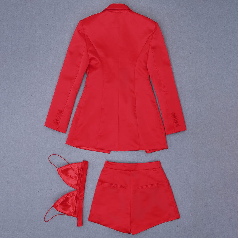 A4448 Christmas Wholesale Red Blazer Coat Sexy Tops Pant Satin Three Piece Set Women Clothing