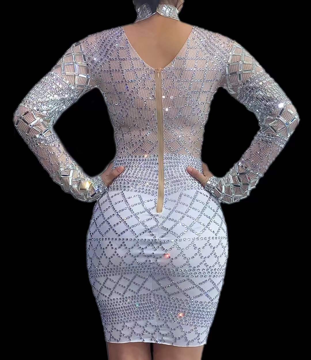 AD1293 Kimshein Women Clothes Long Sleeve Transparent Rhinestone Bodycon Dress Vestidos De Fiesta Mujer