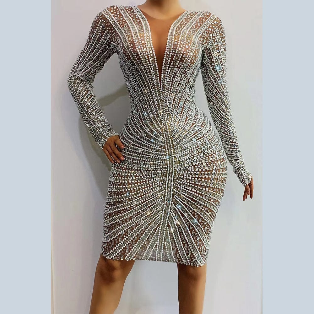 AD1293 Kimshein Women Clothes Long Sleeve Transparent Rhinestone Bodycon Dress Vestidos De Fiesta Mujer