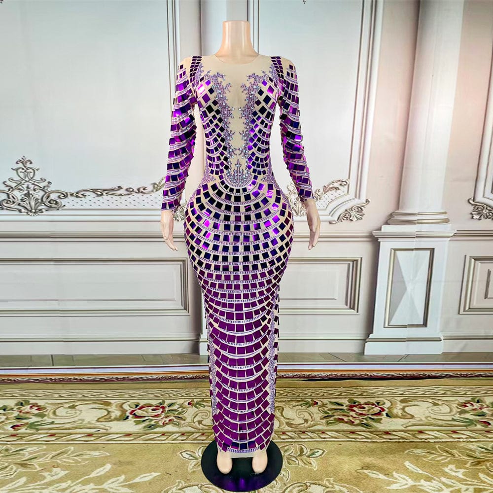 AD1465 Kimshein Handmade Crystal Women Purple Mesh Fabric Transparent Big Sequin Rhinestone Gala  Performance Dresses Evening