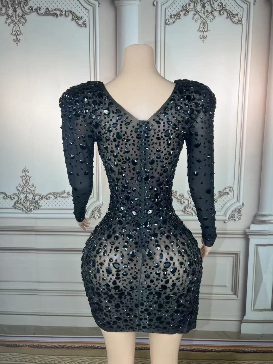 AD1475 Kimshein Women Clothes Long Sleeve Transparent Black Rhinestone Split Mini Bodycon Dress Vestidos De Fiesta Mujer