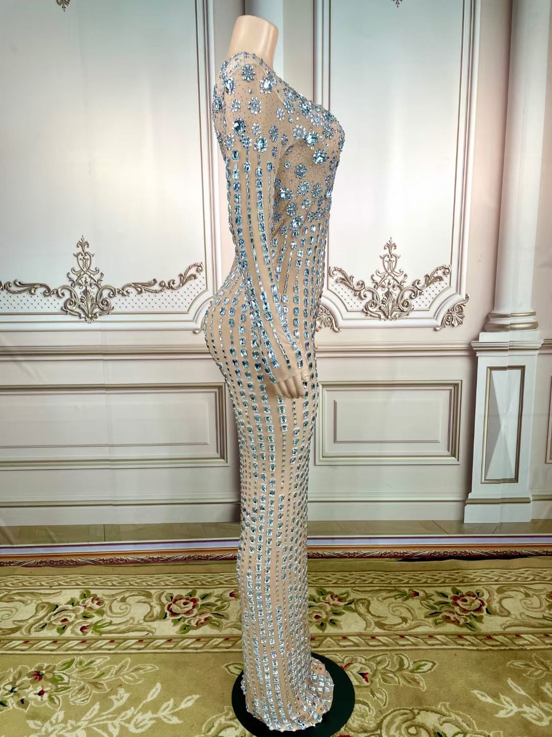 AD1483 Kimshein Women Luxury Gown Long Sleeve Transparent Rhinestone Crystal Dress Elegant For Birthday Party Clothing