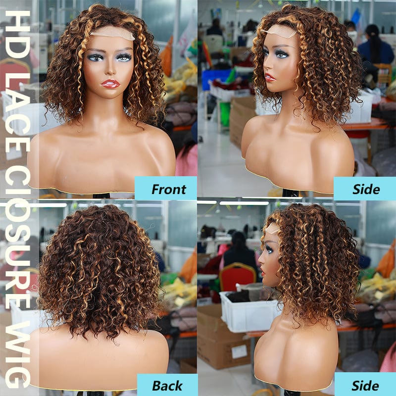 Affordable Prices Virgin Brazilian Peruvian Water Wave Human Hair Wigs, 4X4 HD Transparent Lace Closure Afro Curly Short Bob Wig