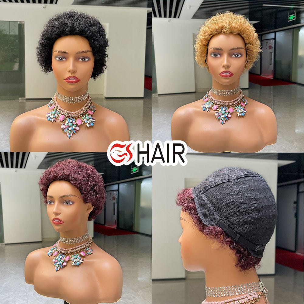 Afro Curly Short Wigs 100% Human Hair Curly Wig with Bangs Pixie Cut African Fluffy Curly Wigs for Women 1B Blond Red Wine Colo