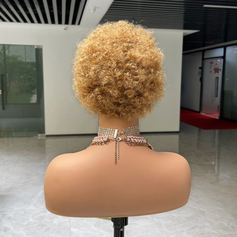 Afro Curly Short Wigs 100% Human Hair Curly Wig with Bangs Pixie Cut African Fluffy Curly Wigs for Women 1B Blond Red Wine Colo