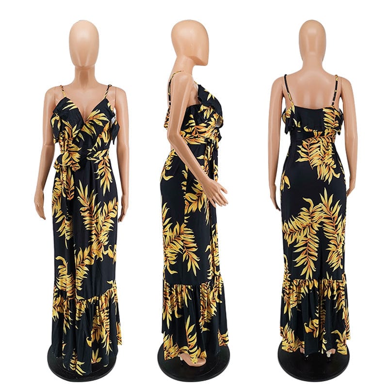 AH0161 Print Women Clothing Casual Dresses Sexy Backless Long Suspenders Dress