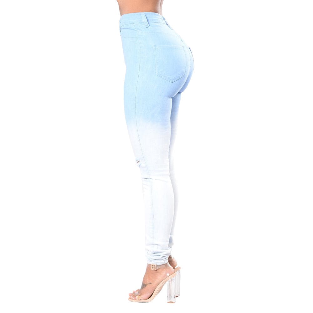 AIPA Factory Outlet Hot Sale Women's Blue And White Gradient Hole Skinny High Waist Long Jeans