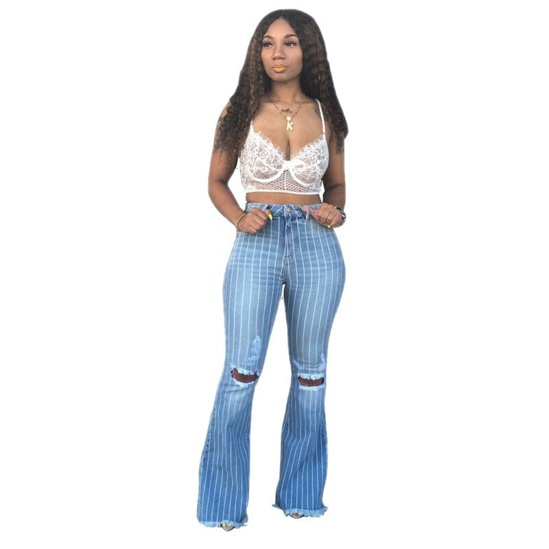 AIPA Hot Selling Fashion All-match Wide-legged Striped Women's Jeans Flared Pants With Ripped Knees