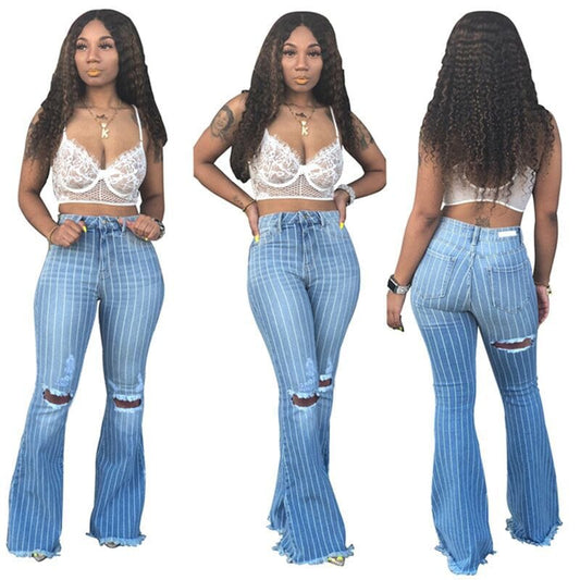 AIPA Hot Selling Fashion All-match Wide-legged Striped Women's Jeans Flared Pants With Ripped Knees