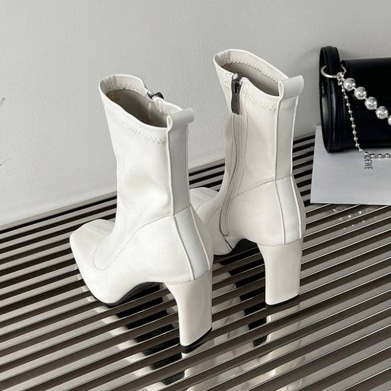 Ankle Boots Fashion High Heels Autumn 2023 Square Head Solid Winter Thin heel Shoes Zipper Office 35-39 White Women Boots