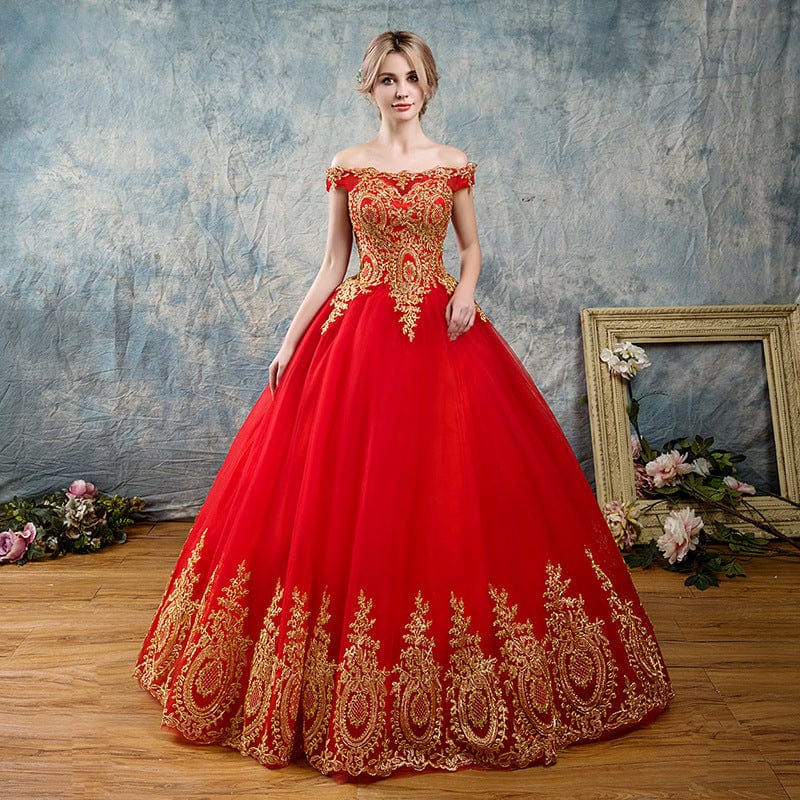 Appliqued Gold Lace Off Shoulder Ball gown wedding Evening pattern Red Muslim Asian European American Traditional dress