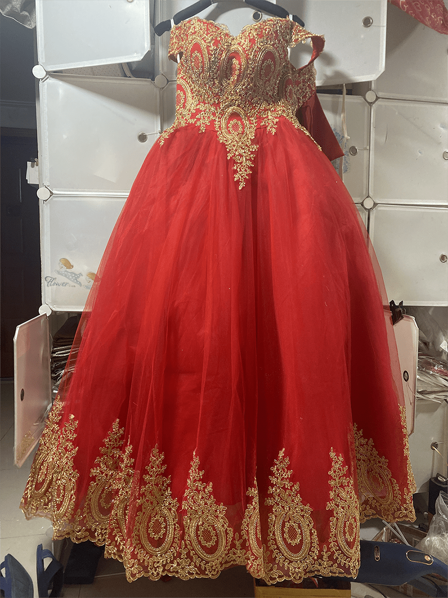 Appliqued Gold Lace Off Shoulder Ball gown wedding Evening pattern Red Muslim Asian European American Traditional dress