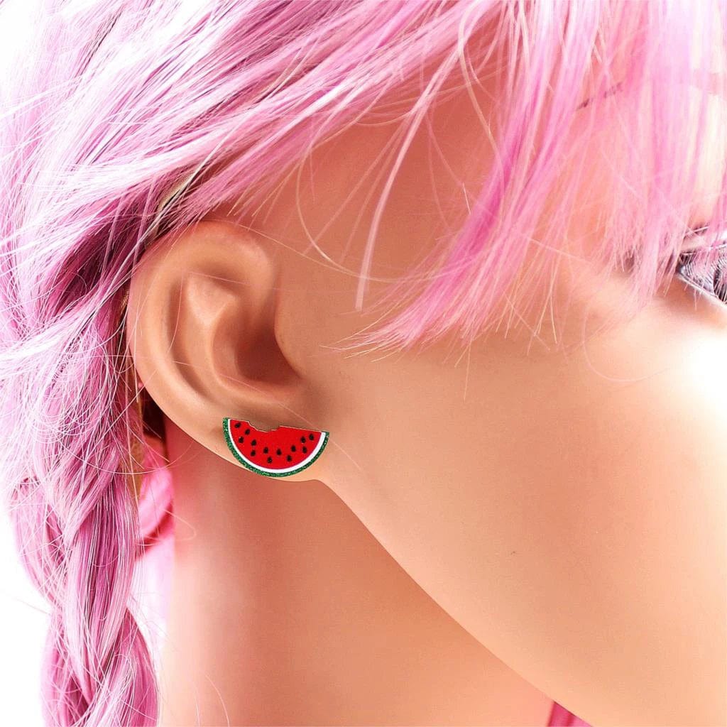 As shown / 20*10mm / Multi ERS032ER1000 Best Price Watermelon Stud UV Print Green Glitter Cute Fruit Acrylic Earrings