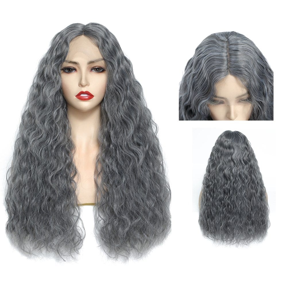 ash grey Long Deep Curly Smoky Grey Wig Synthetic Lace Front Wigs for Women X-TRESS High Temperature Glueless Wavy Middle Part Lace Wig