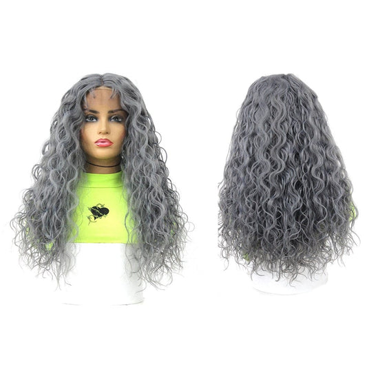 ash grey Long Deep Curly Smoky Grey Wig Synthetic Lace Front Wigs for Women X-TRESS High Temperature Glueless Wavy Middle Part Lace Wig