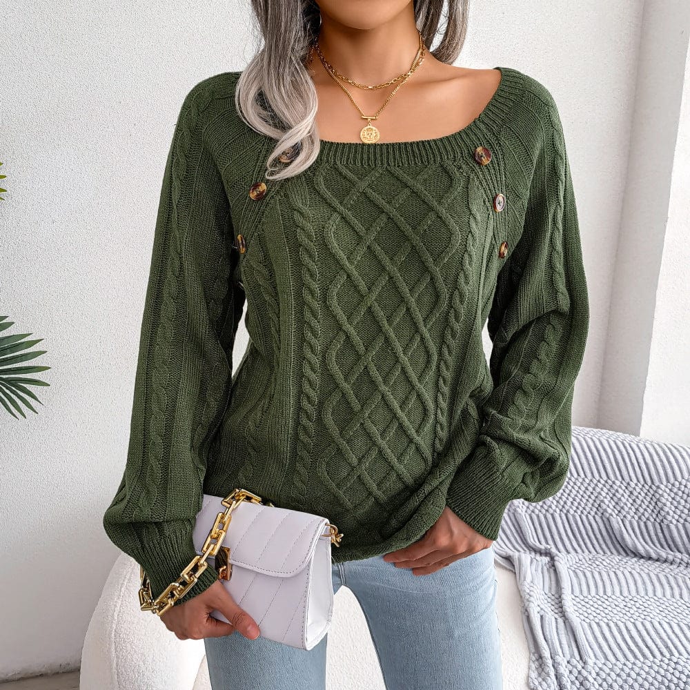 Autumn and winter casual nail button square neck fried dough twist knitting pullover sweater lantern sleeve long sleeve sweater