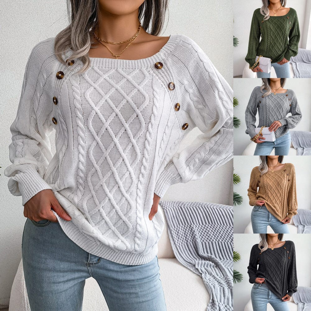 Autumn and winter casual nail button square neck fried dough twist knitting pullover sweater lantern sleeve long sleeve sweater