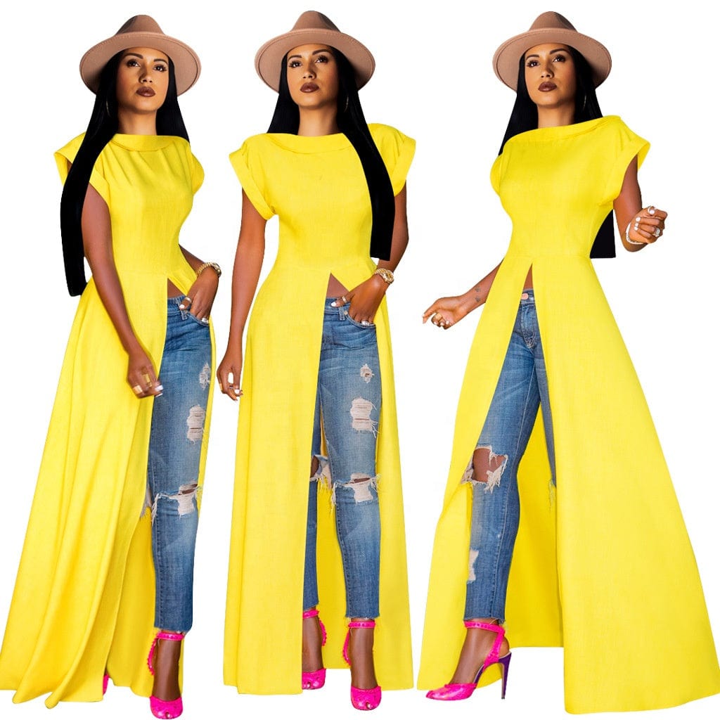 Autumn and winter high collar Short-sleeved round neck long Slit pullover women  coat