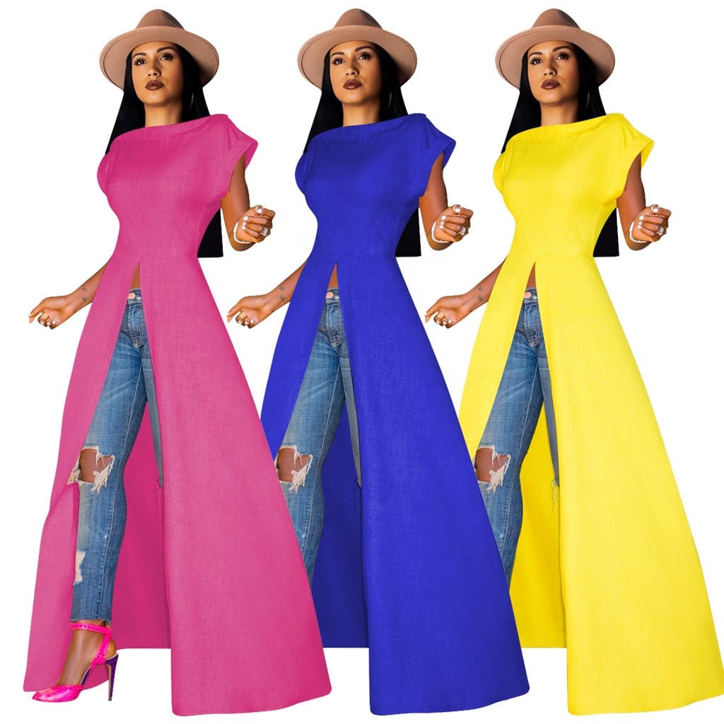 Autumn and winter high collar Short-sleeved round neck long Slit pullover women  coat