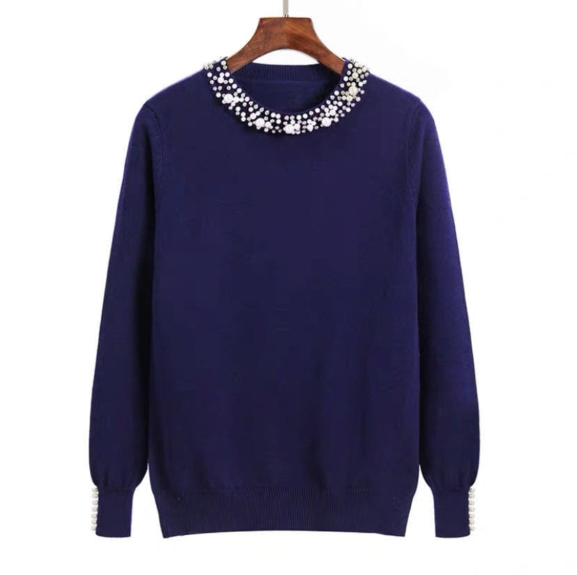 Autumn and winter new one size bead collar pullover sweater round neck long sleeve knitted loose women's bottoming shirt