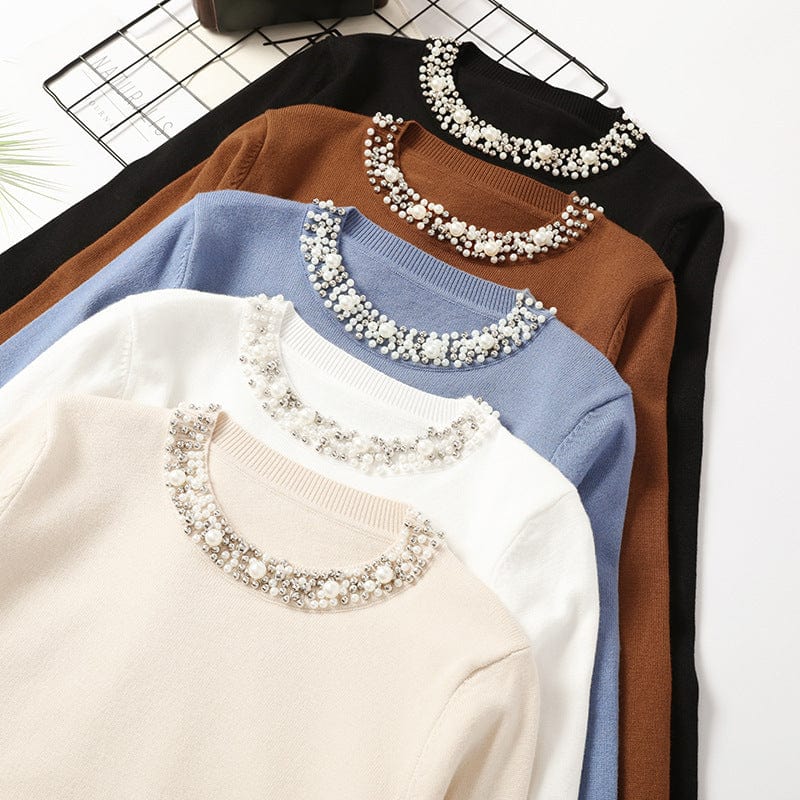 Autumn and winter new one size bead collar pullover sweater round neck long sleeve knitted loose women's bottoming shirt