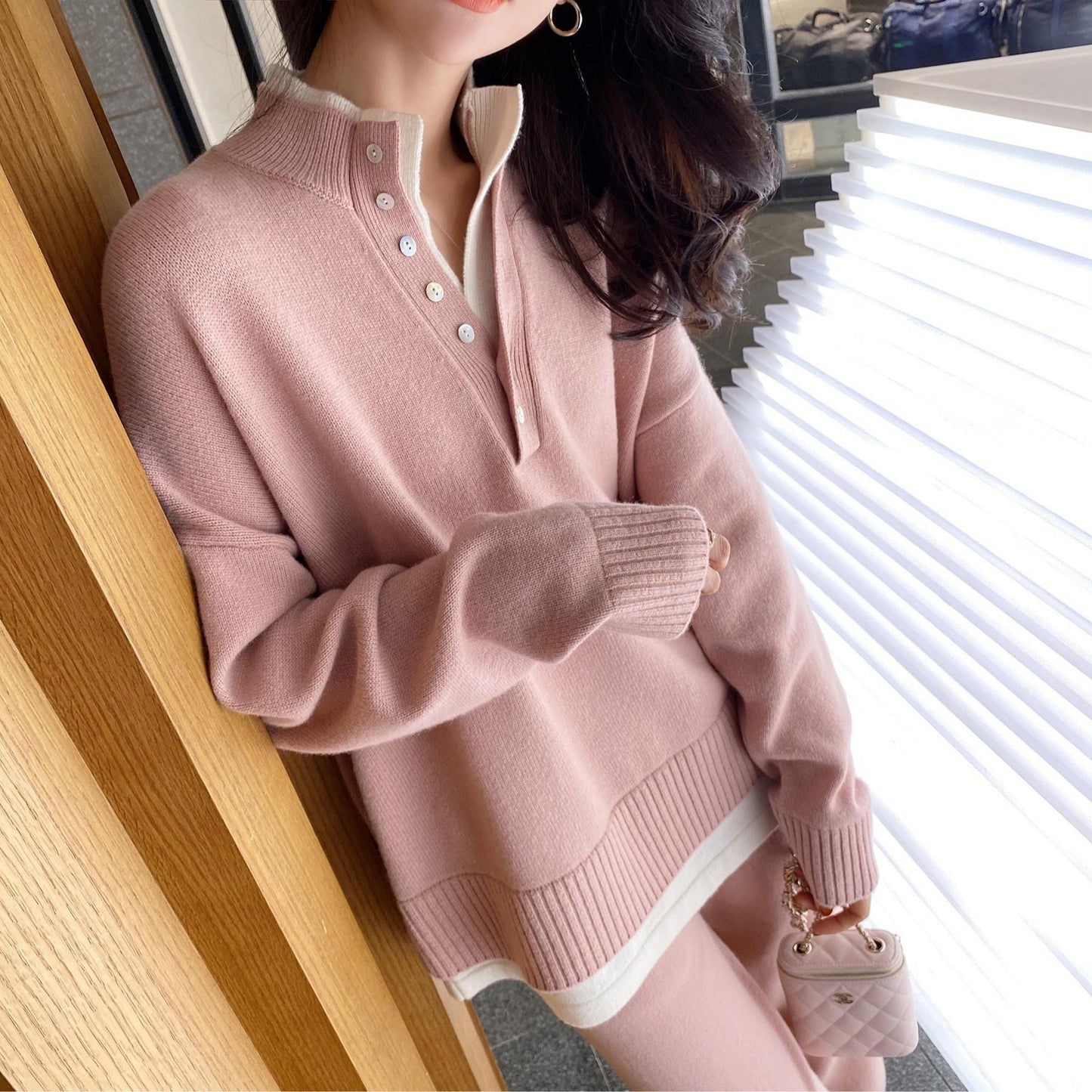 Autumn/winter Fashion Korean Small Fragrance Professional Knitted Sweater Suit Chic Chic Chic Wide-leg Pants Two Piece Set