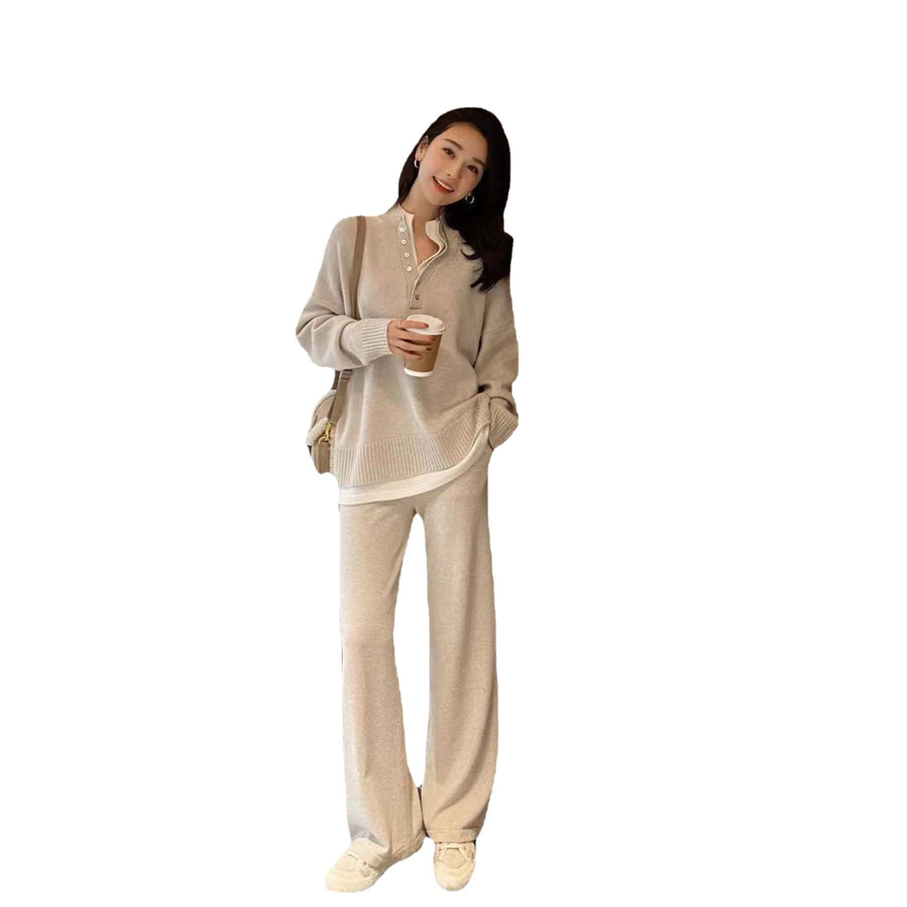 Autumn/winter Fashion Korean Small Fragrance Professional Knitted Sweater Suit Chic Chic Chic Wide-leg Pants Two Piece Set