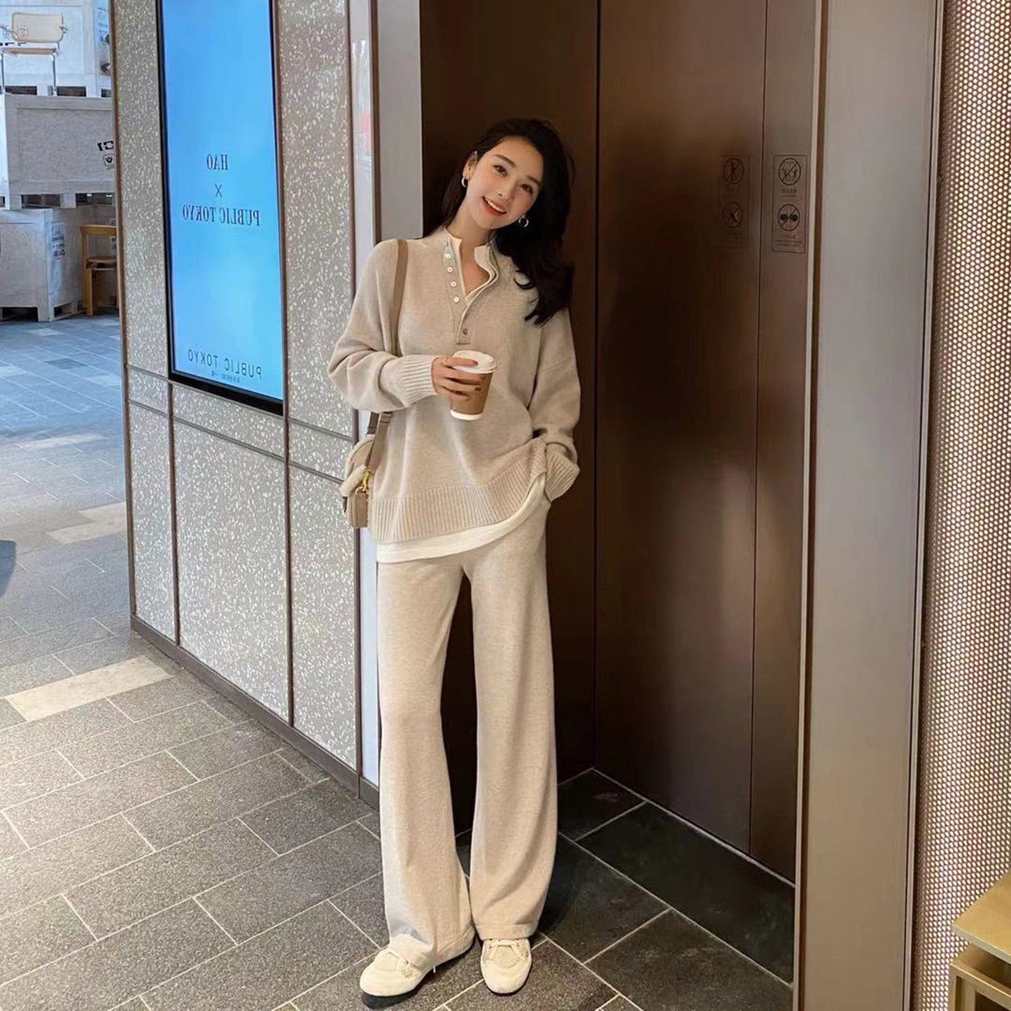 Autumn/winter Fashion Korean Small Fragrance Professional Knitted Sweater Suit Chic Chic Chic Wide-leg Pants Two Piece Set