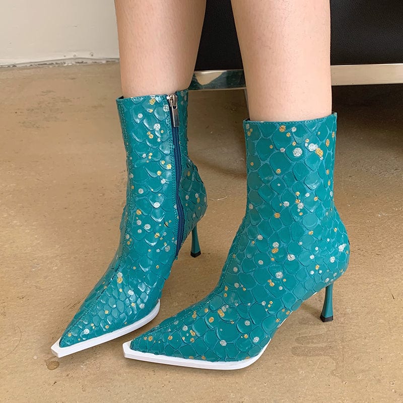 Autumn Winter Fashion Pointed Toe Shoes 2023 New PU Print Ankle Zipper Blue Mid-Calf Boots High Heel Size 35-39 Women Boots