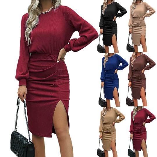 Autumn Winter Women's Wholesale Solid O Neck Thread Slim Lantern Long Sleeve Knit Slit Package Hip Mid Length Elegant Dresses