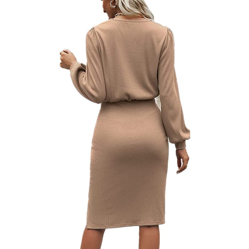 Autumn Winter Women's Wholesale Solid O Neck Thread Slim Lantern Long Sleeve Knit Slit Package Hip Mid Length Elegant Dresses