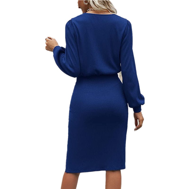 Autumn Winter Women's Wholesale Solid O Neck Thread Slim Lantern Long Sleeve Knit Slit Package Hip Mid Length Elegant Dresses