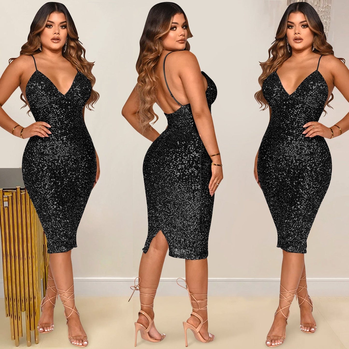 Backless Sequin Sheath Elegant Black Evening Dress Porn Sequin V Neck Bodycon 2022 Dresses Women Party