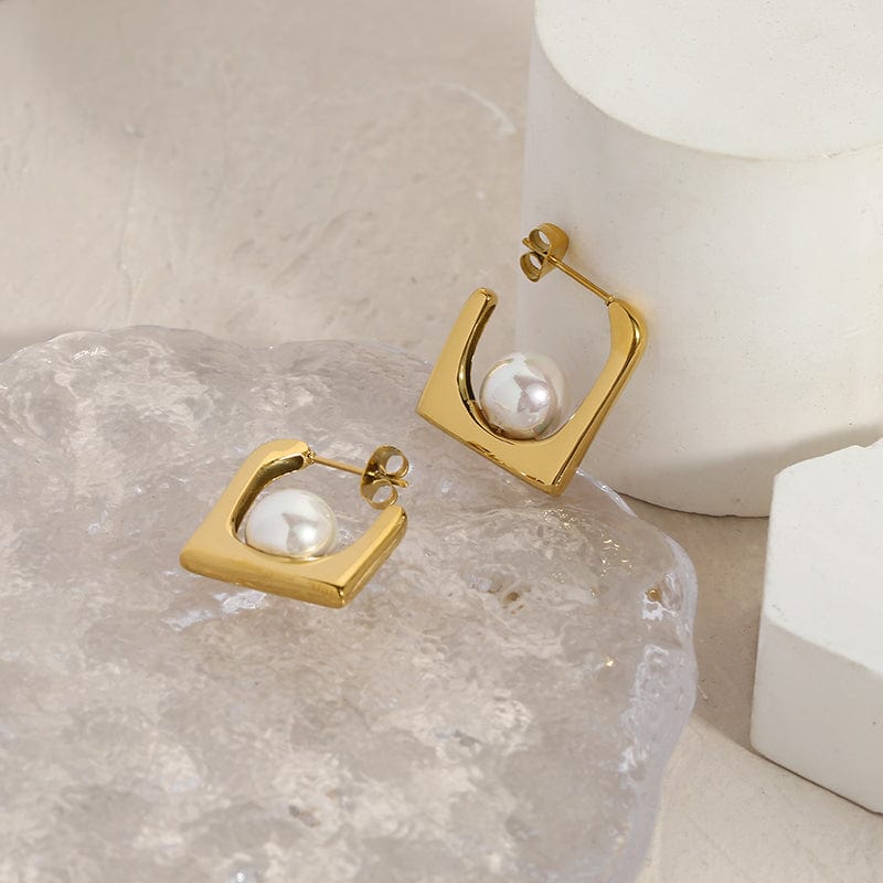 BCE22111103 New Punk Style Earring Jewelry 18K Gold Plated Stainless Steel Square Spoon Design White Pearl Earrings