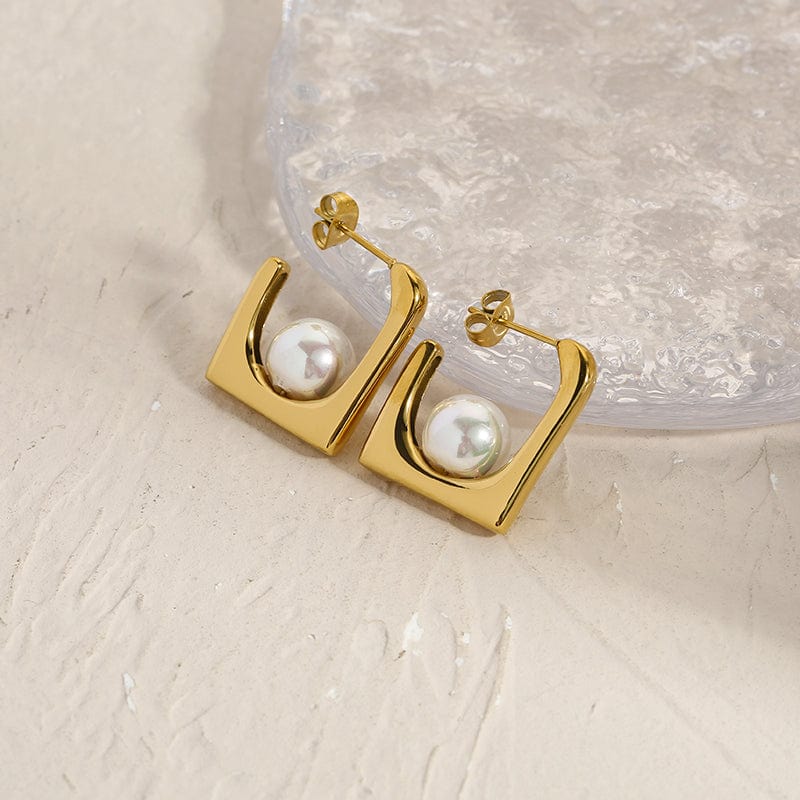 BCE22111103 New Punk Style Earring Jewelry 18K Gold Plated Stainless Steel Square Spoon Design White Pearl Earrings