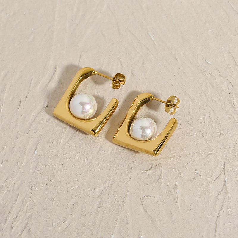 BCE22111103 New Punk Style Earring Jewelry 18K Gold Plated Stainless Steel Square Spoon Design White Pearl Earrings