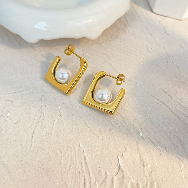 BCE22111103 New Punk Style Earring Jewelry 18K Gold Plated Stainless Steel Square Spoon Design White Pearl Earrings