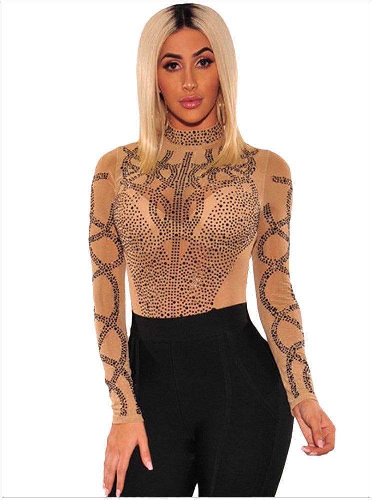 Best Design Sexy A rhinestone high-necked bodysuit with a mesh cutout womens bodysuit bodycon