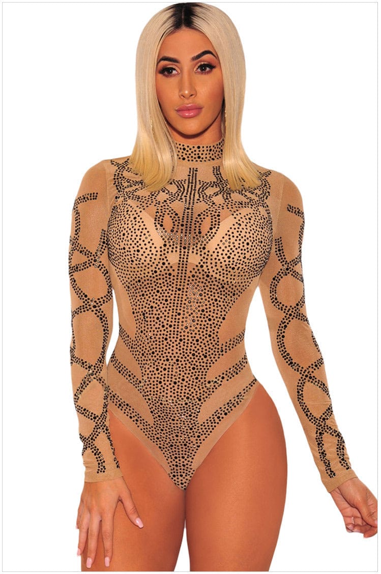 Best Design Sexy A rhinestone high-necked bodysuit with a mesh cutout womens bodysuit bodycon