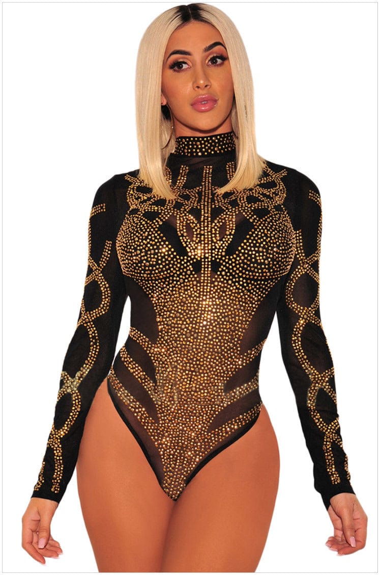 Best Design Sexy A rhinestone high-necked bodysuit with a mesh cutout womens bodysuit bodycon