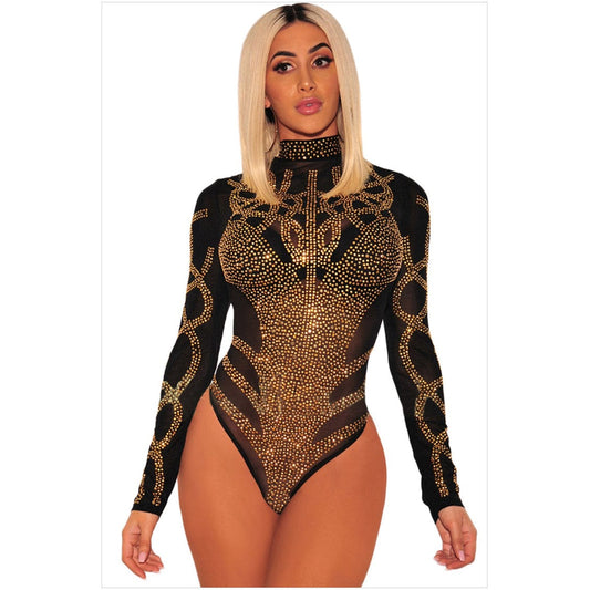 Best Design Sexy A rhinestone high-necked bodysuit with a mesh cutout womens bodysuit bodycon