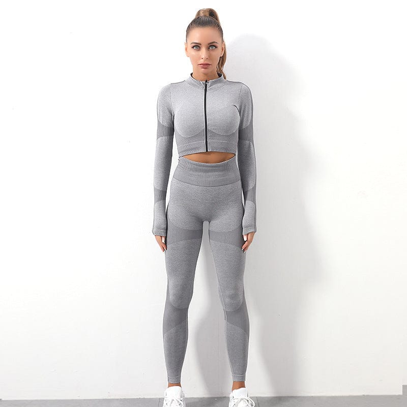 Best Selling Fall And Winter Knit Zipper Long Sleeves High Waist Bra Women Yoga Suit