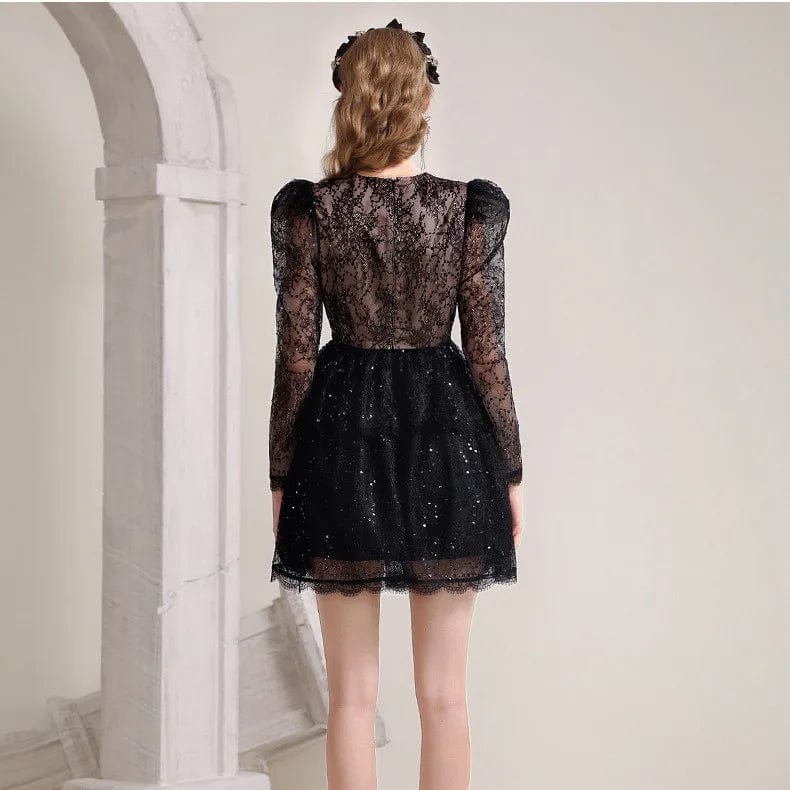 Bettergirl 2023 Autumn Sexy Black Dress Banquet Beads Lace V-neck Elegant Temperament Waist Pure Desire Dress