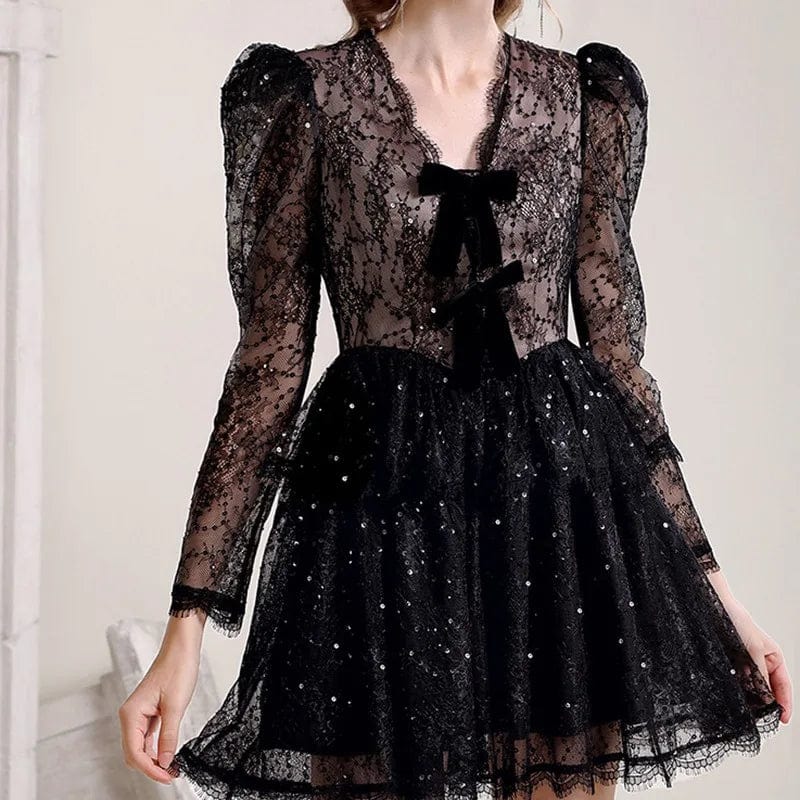 Bettergirl 2023 Autumn Sexy Black Dress Banquet Beads Lace V-neck Elegant Temperament Waist Pure Desire Dress