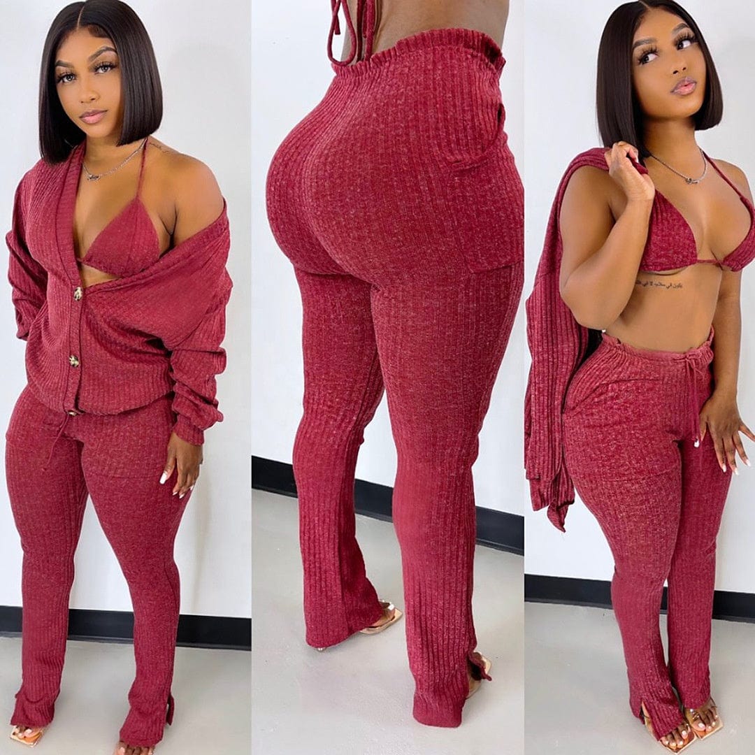 Bettergirl Hot Sale Club Bra Tops Wool Sweater Knit Cardigan and Long Pants Women 3 Piece Set