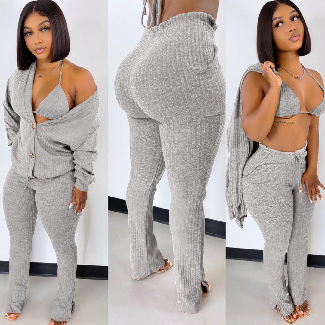 Bettergirl Hot Sale Club Bra Tops Wool Sweater Knit Cardigan and Long Pants Women 3 Piece Set