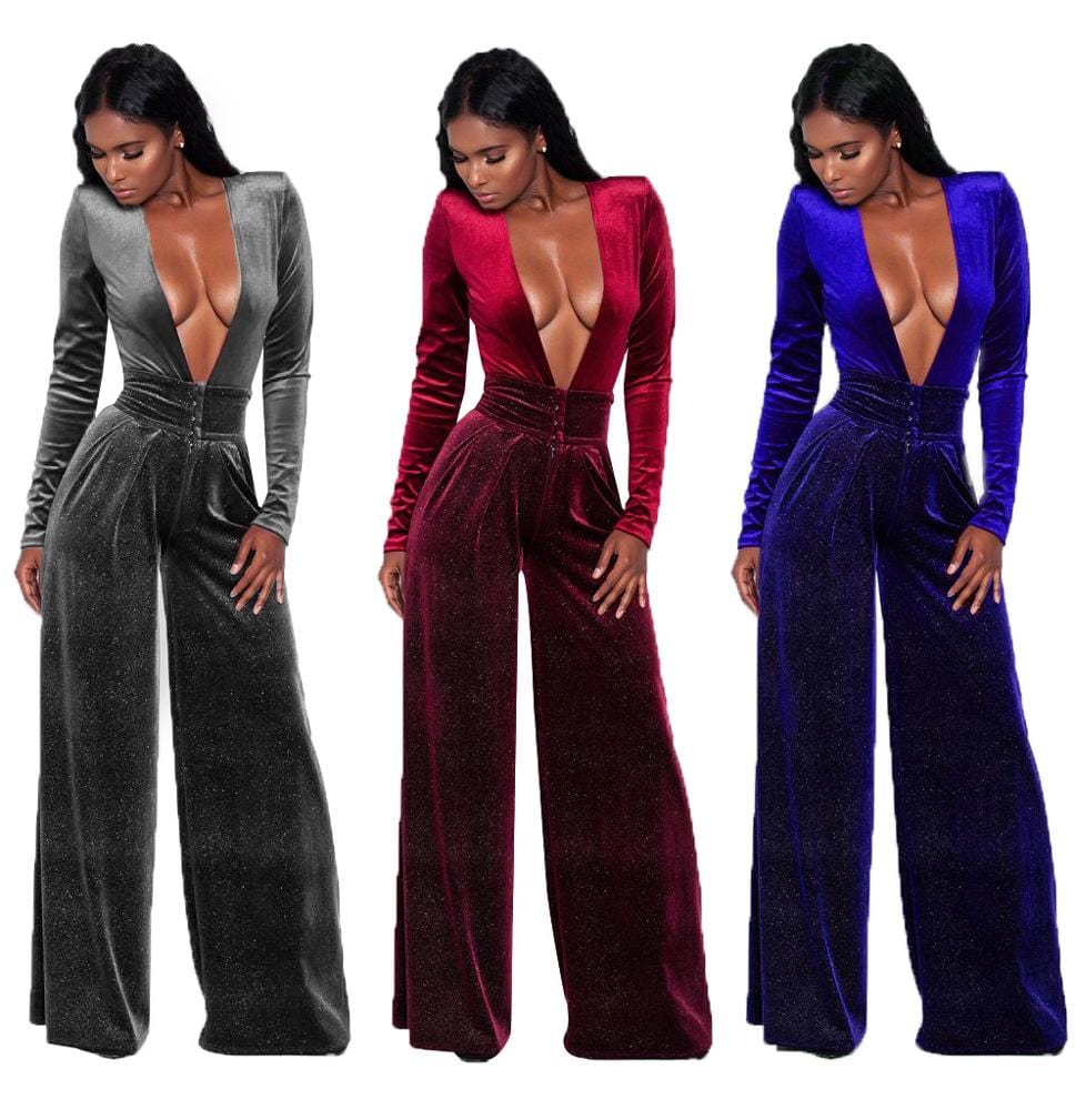 Big plus size women Black jumpsuits womens fashion deep v neck sexy clubwear elegant ladies velvet jumpsuits romper YY10038