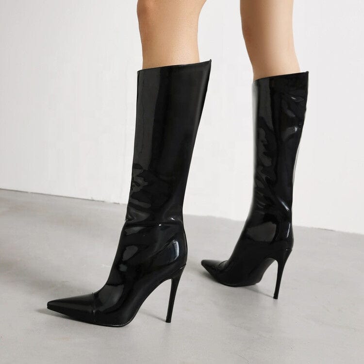 Big Size 43 Black Patent Leather Winter Knee High Boots Sexy Pointed Toe High Stiletto Heel Fashion Women Boots