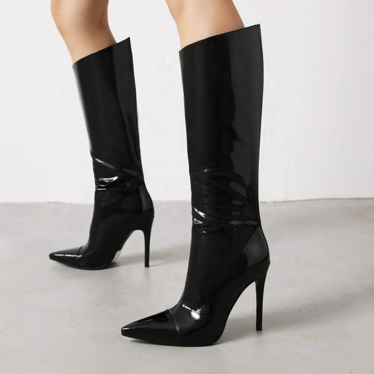 Big Size 43 Black Patent Leather Winter Knee High Boots Sexy Pointed Toe High Stiletto Heel Fashion Women Boots